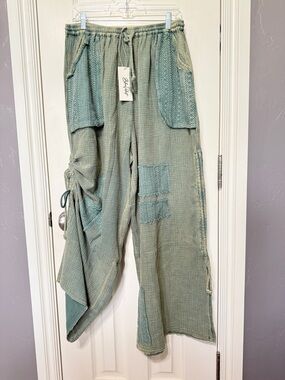 Boho Sage Green Patchwork Wide-Leg Pants